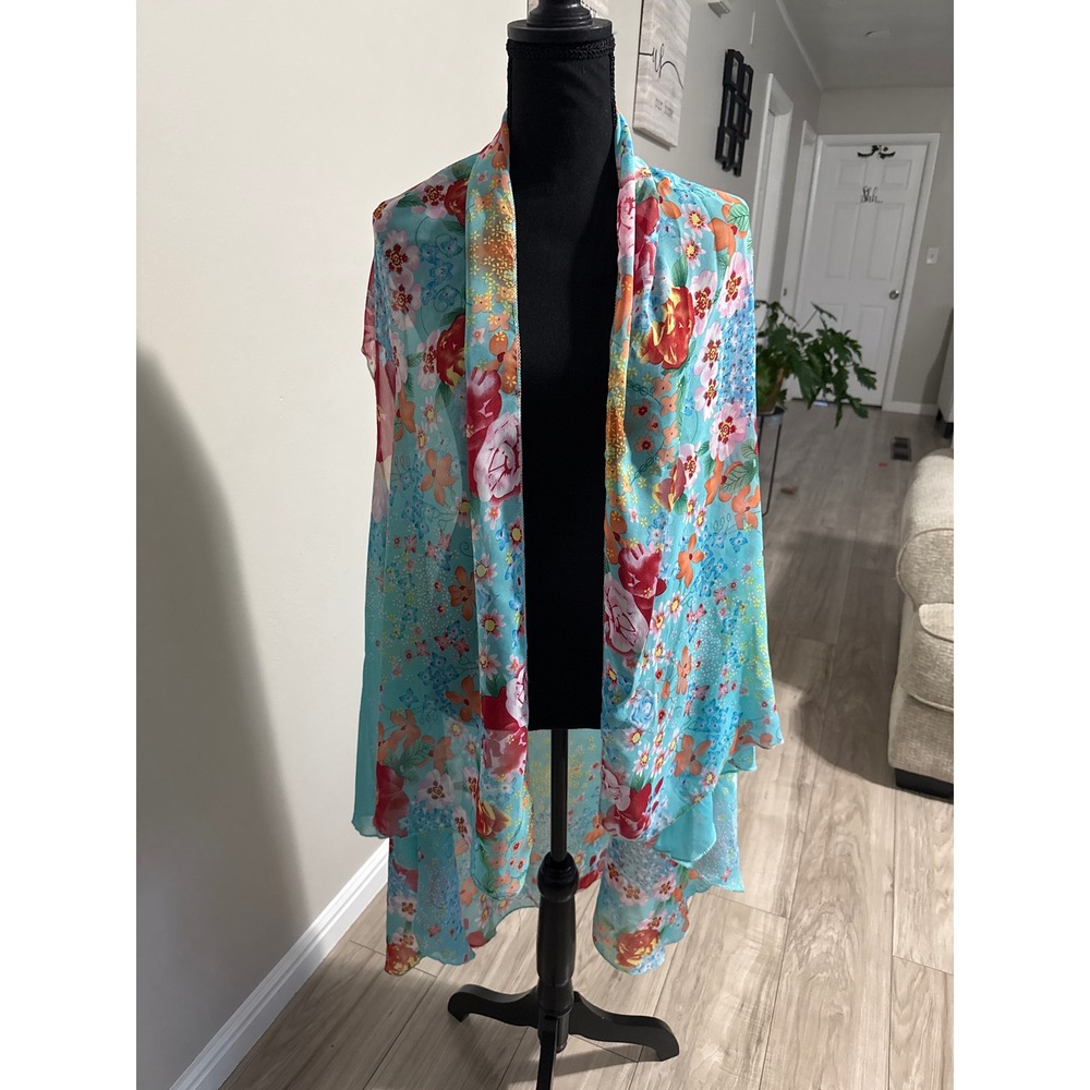 Floral Kimono Wrap Turquoise Blue Sheer Chiffon Sleeveless Duster Cover Up
